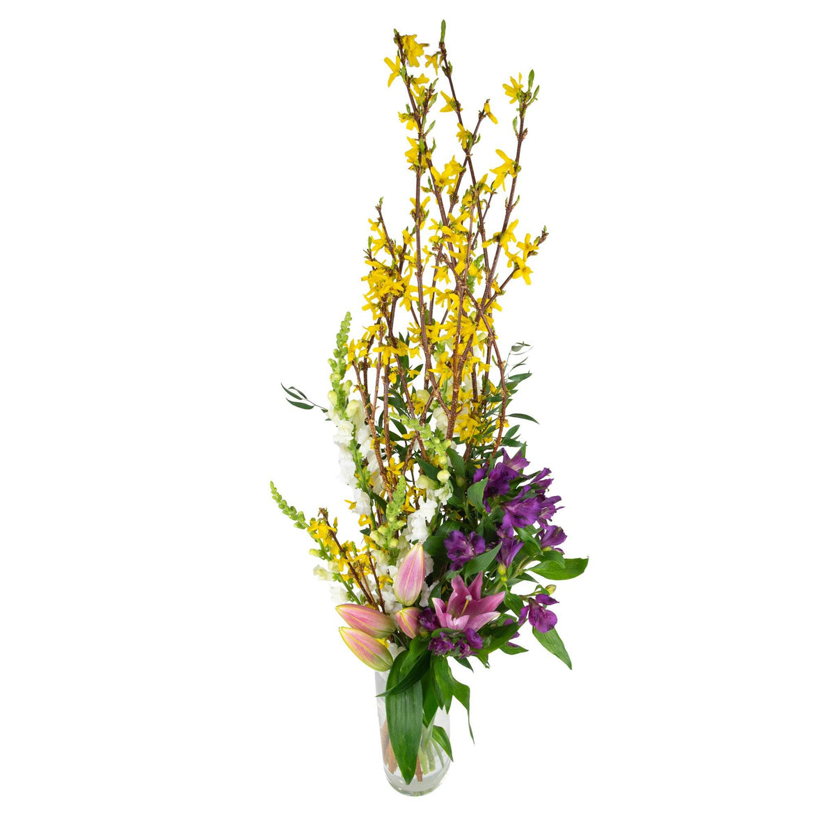Tall linear mixed fresh flowers arrangement with yellow, white, and purple blooms in a clear glass vase, perfect for Toronto delivery.