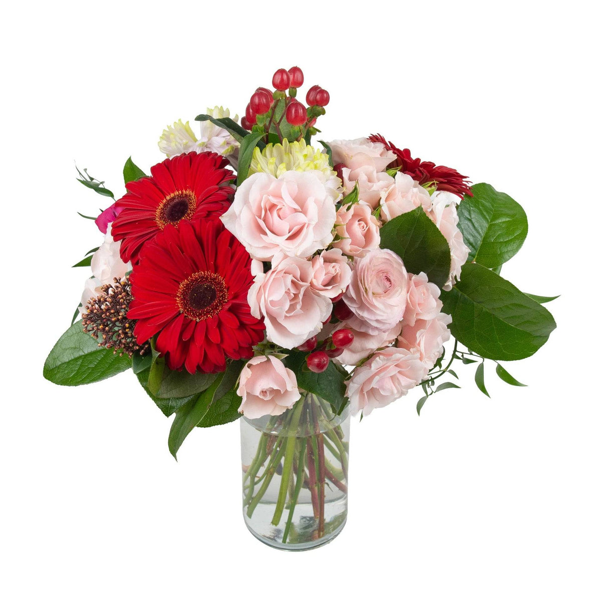 Elegant bouquet of pink roses, white hydrangeas, and green leaves in a clear glass vase, perfect for gift giving or decoration.
