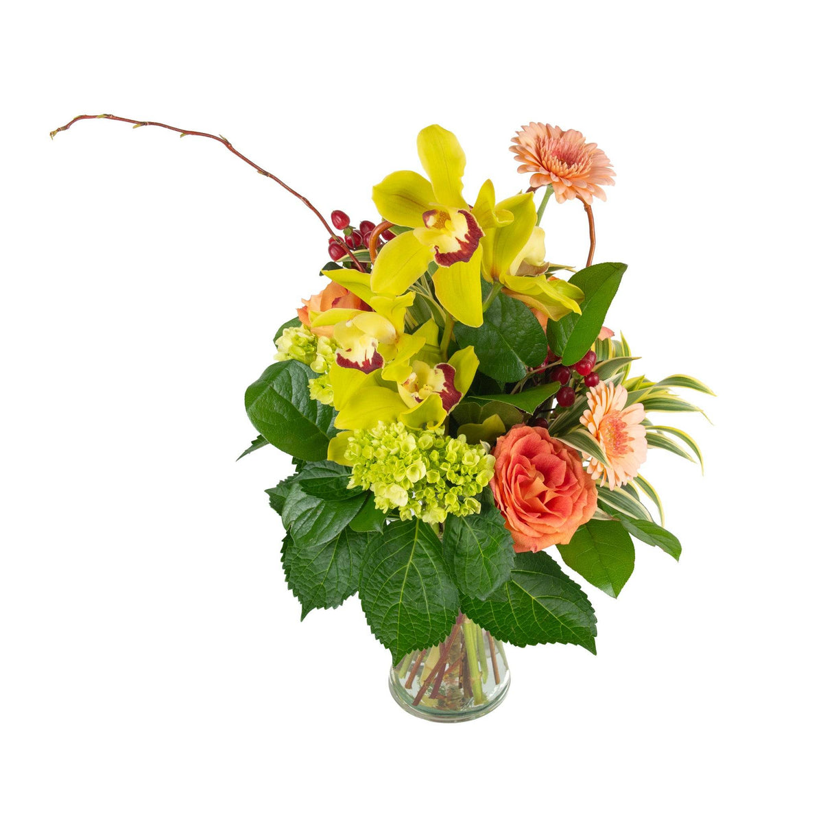 Bright floral arrangement with yellow orchids, peach gerbera daisies, and red berries in a clear glass vase, perfect for celebrations.