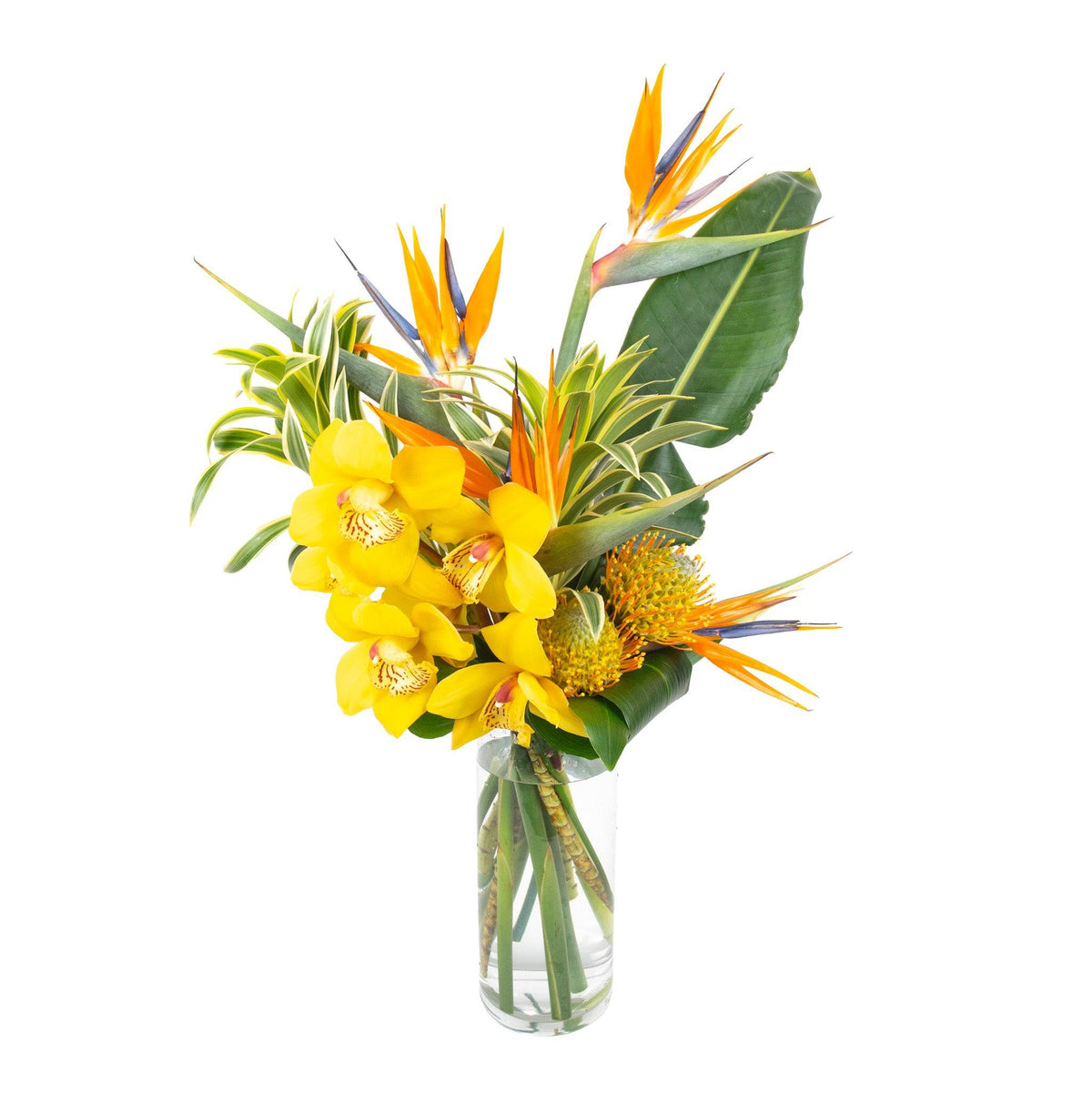 Bright tropical fresh flowers in a clear glass vase featuring yellow orchids, orange and purple bird of paradise, and lush green leaves.