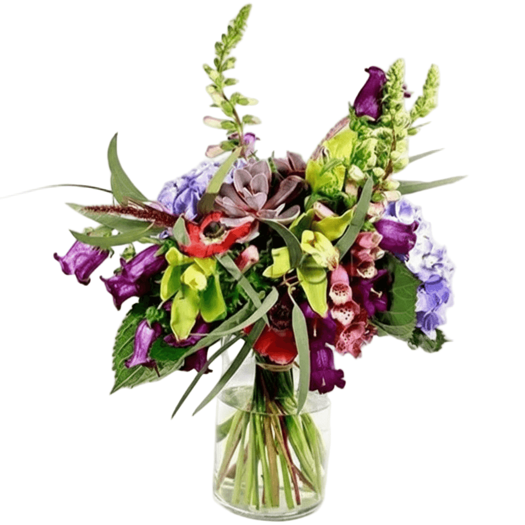 Vibrant bouquet of locally grown seasonal fresh flowers in a clear glass vase, featuring purple, red, and green blooms, perfect for celebrations.