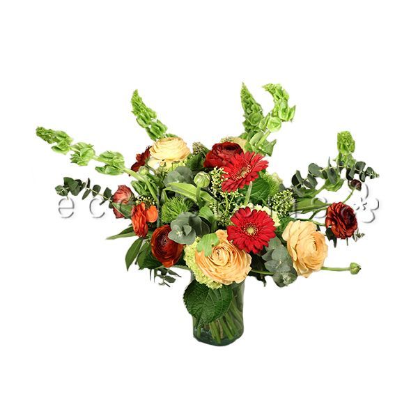 Red-Coral-Green Seasonal Fresh Flowers Arrangement Toronto Ontario Delivery