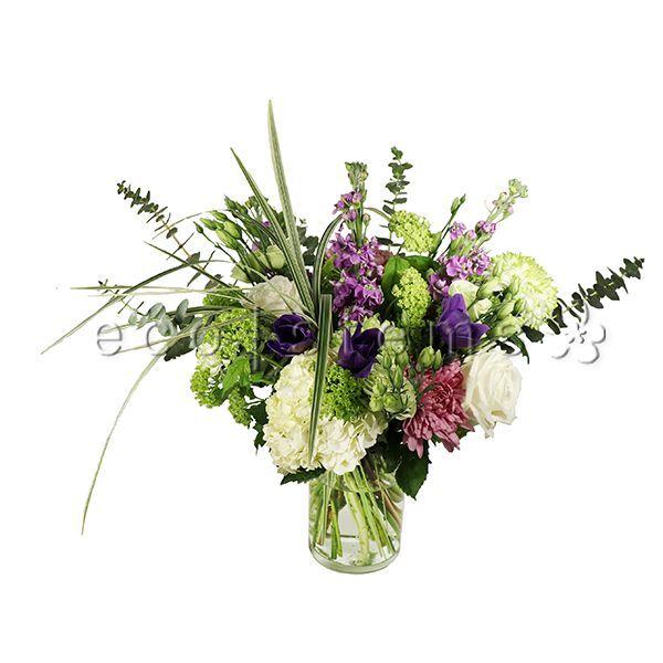 Purple-White-Green Seasonal Fresh Flowers Arrangement Toronto Ontario Delivery